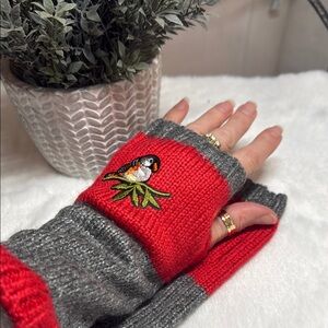 Red and Gray Fingerless Gloves with Bird Embroidery